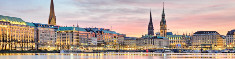 Sunset over Hamburg skyline view from water