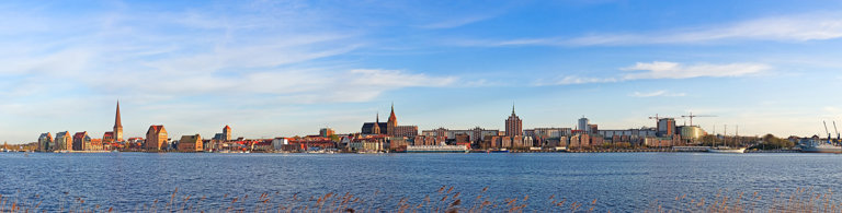 Rostock city view from the blue water sea 