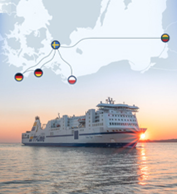 ferry with route map & flag