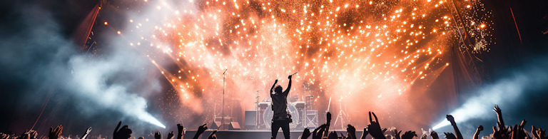 Publik med händerna i luften framför scenen på Wacken Open Air under färgsprakande fyrverkerier.