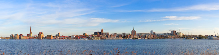 Rostock city view from the blue water sea